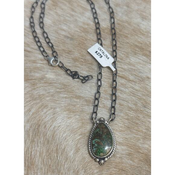 Native American Sterling Silver SW Catalina Turquoise Teardrop Bar Necklace 925